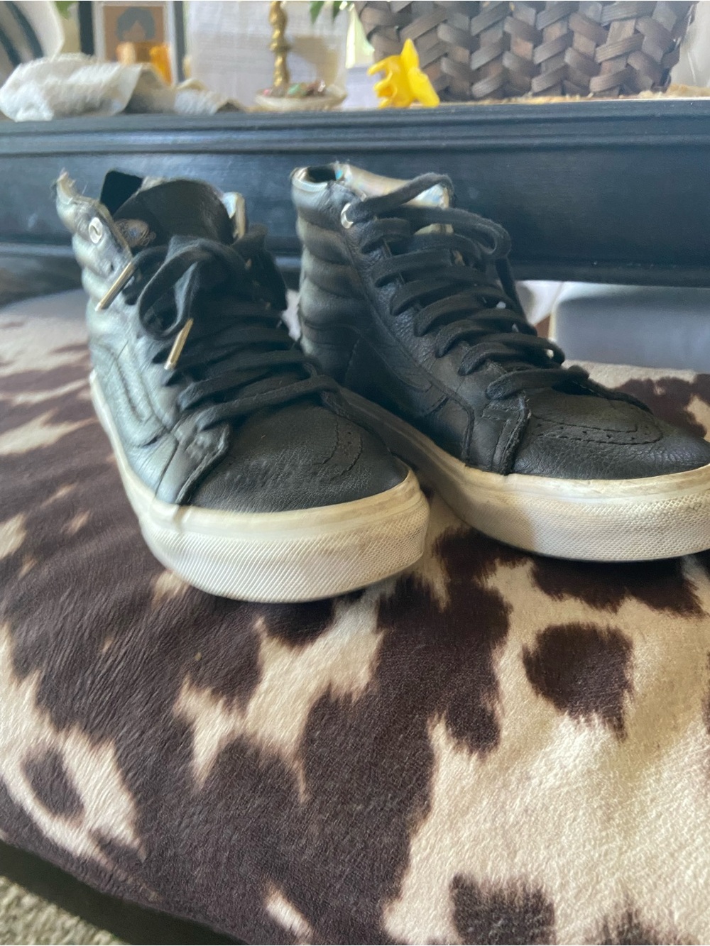 Vans Men’s Black High-Top Leather Skate Sneakers with White Soles
